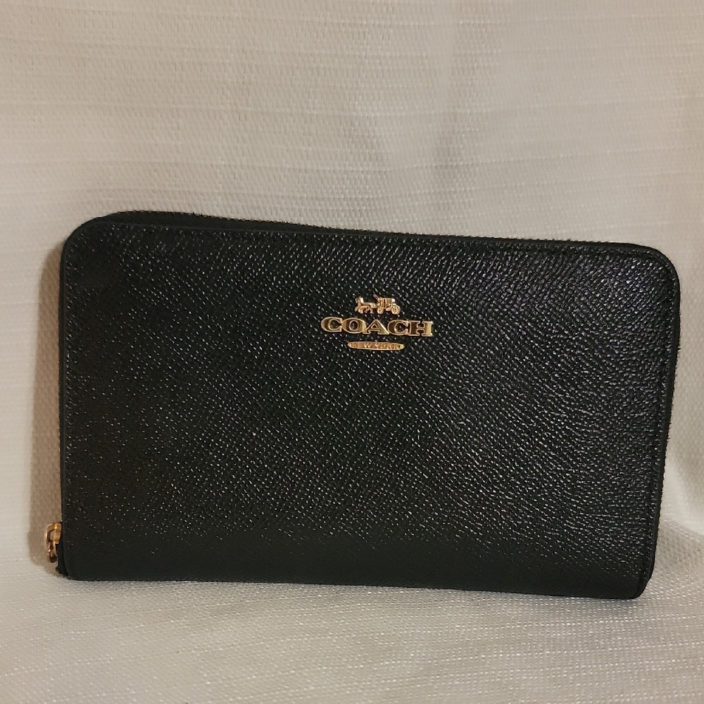 Coach Black Zip Wallet with Gold Accents